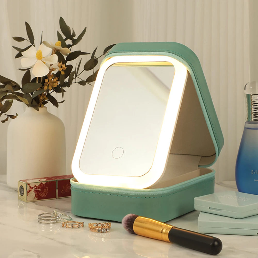 Makeup Storage Box with LED Light Mirror Portable