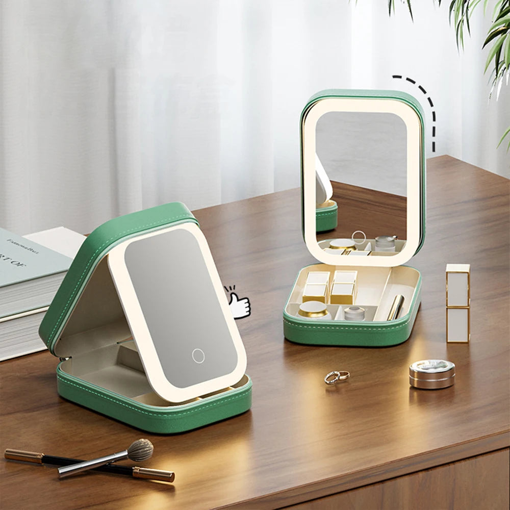 Makeup Storage Box with LED Light Mirror Portable