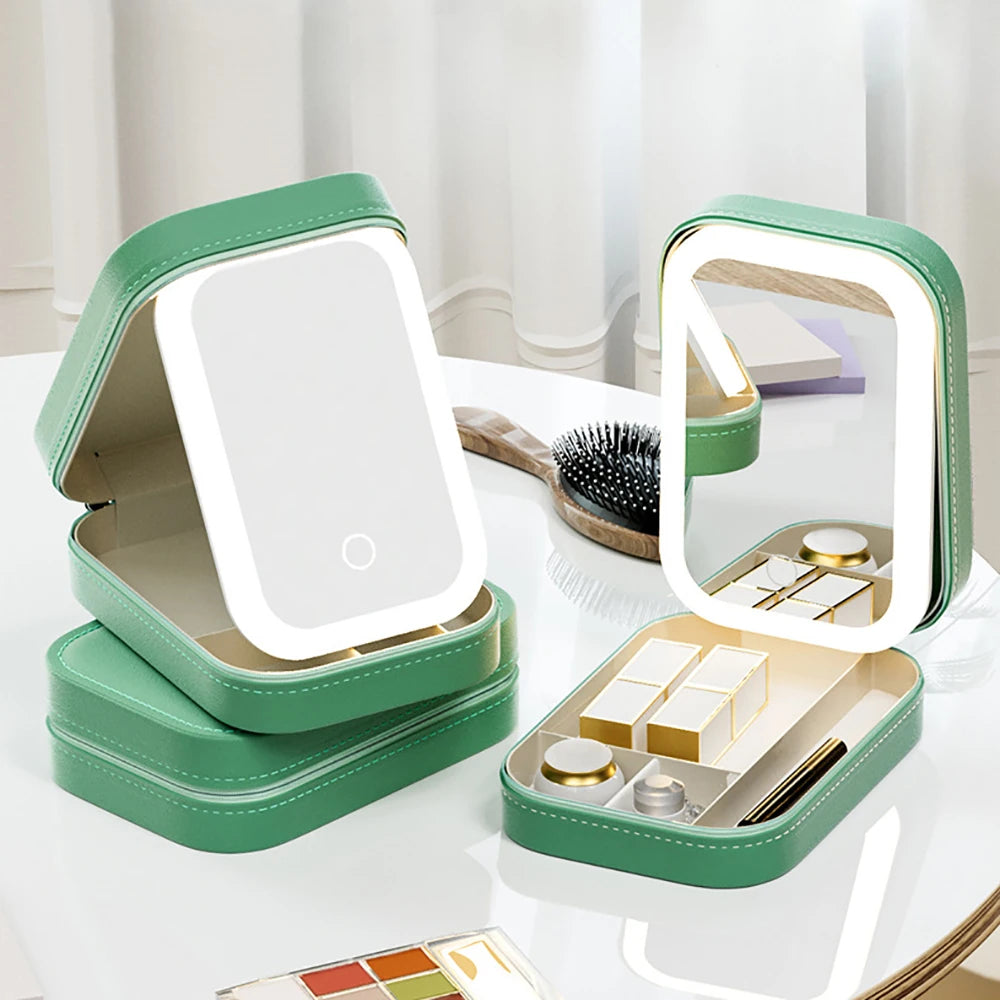 Makeup Storage Box with LED Light Mirror Portable